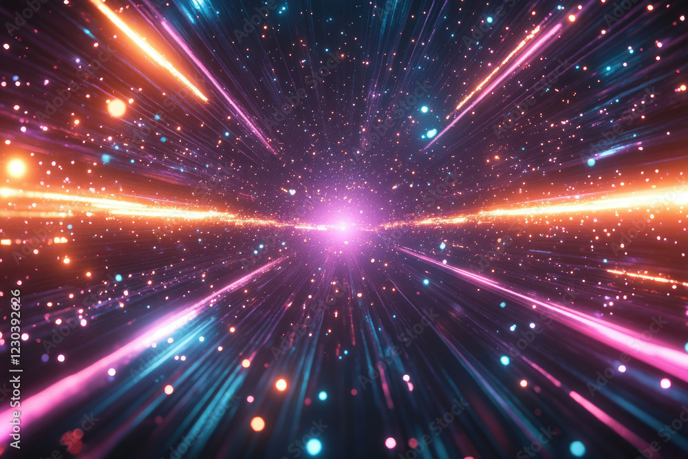 Poster neon light streaks converge at a bright center in a dark, particle-filled space, creating a vibrant,