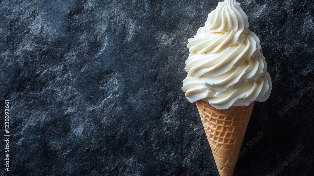 Poster delicious swirl of soft-serve ice cream in a waffle cone against a dark textured background