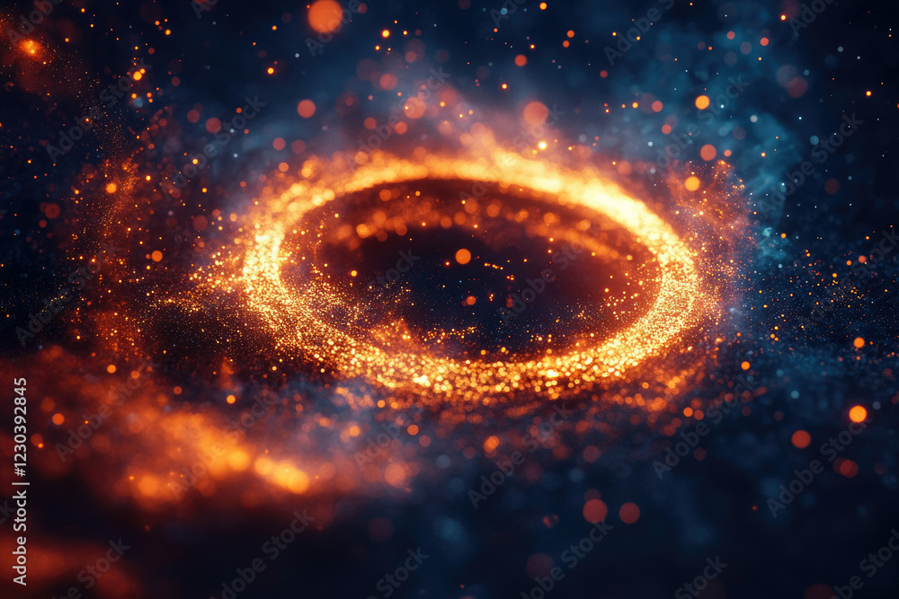 Poster Glowing ring of particles, swirling in a dark space, creating a mesmerizing cosmic effect.
