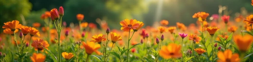 Obraz premium Flores secas de naranja y rosa en la hierba alta, flores secas, flor roja, paisaje