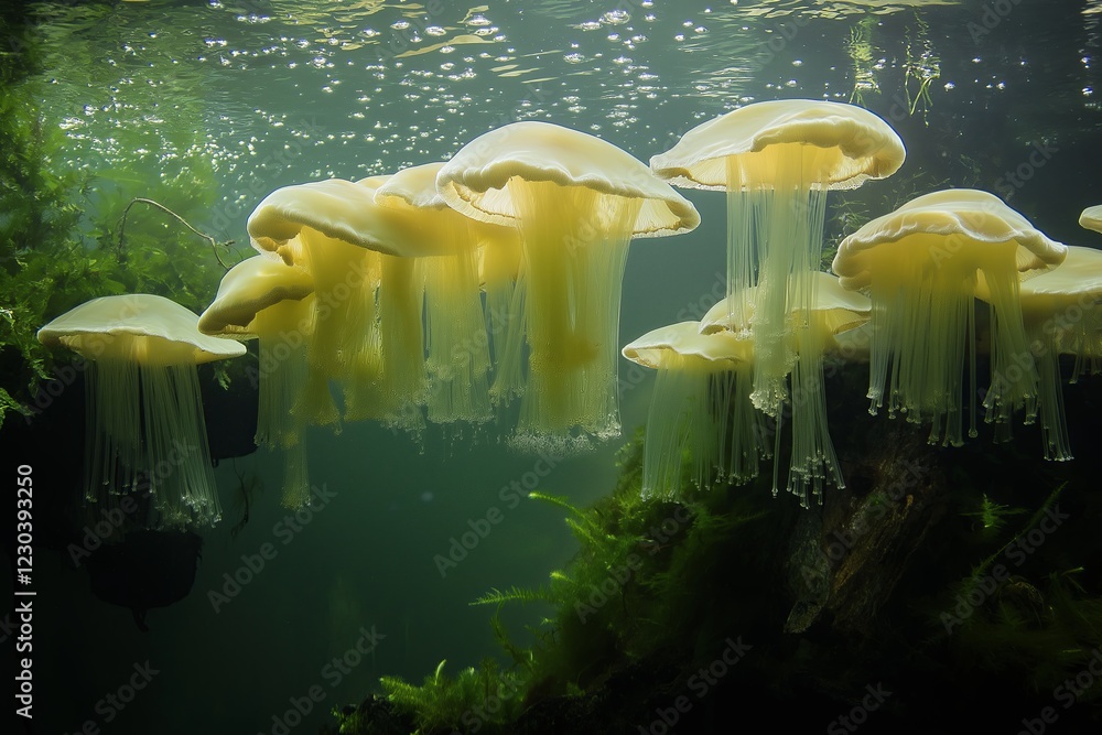 Poster Translucent blobs of liquid creating an underwater illusion