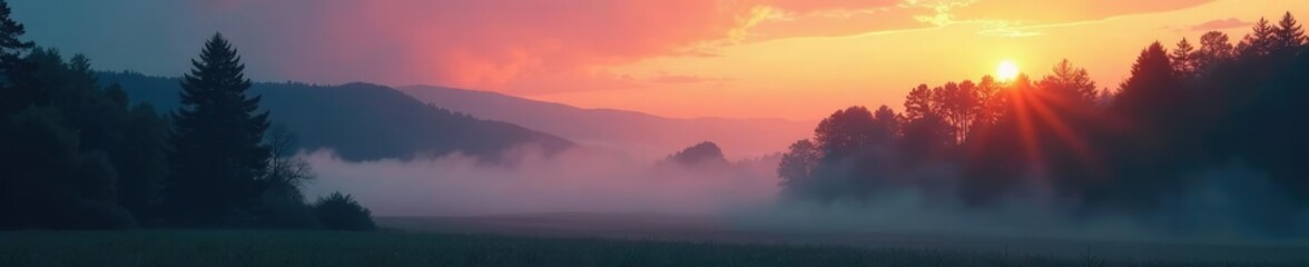 Fototapeta premium Forest landscape at dawn with mist and fog slowly clearing, fog, sunrise