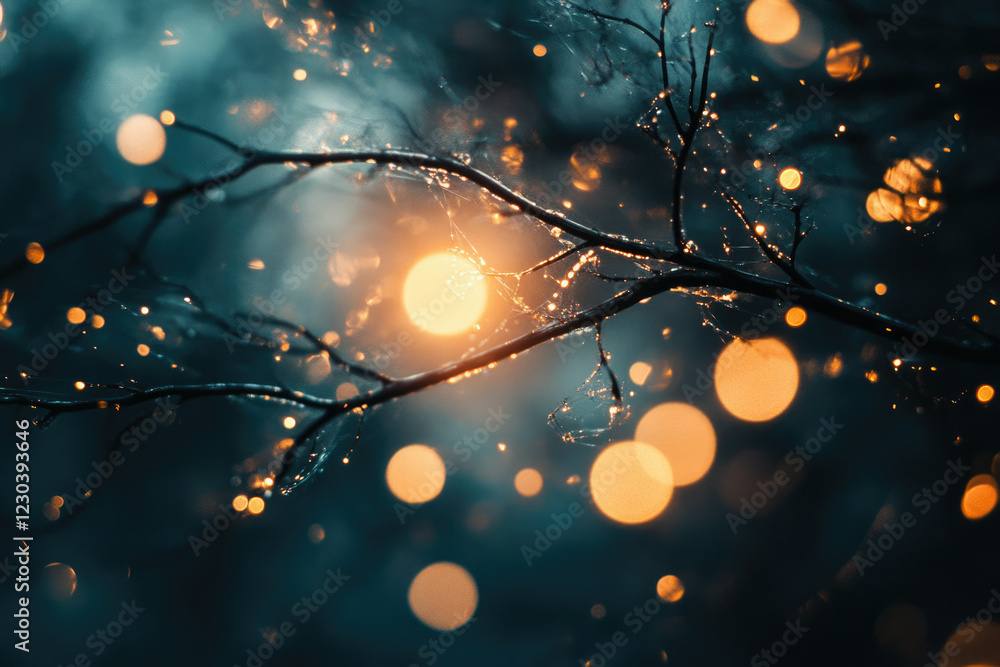 Poster water droplets on a dark branch with blurry warm lights in the background, creating a magical winter