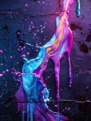 Colorful graffiti splashes on a concrete wall, glowing with soft neon lights, showcasing urban creativity