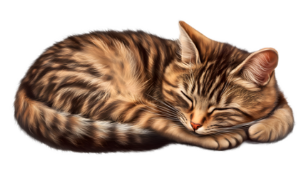 A tabby cat curled up sleeping on a transparent background