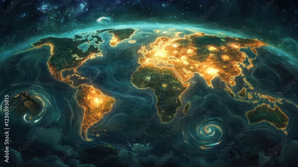 Poster a glowing world map with a cosmic background and swirling patterns in the oceans