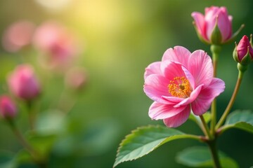 Obraz premium Pink rosehip flowers sway gently in the spring breeze, sway, breeze, soft