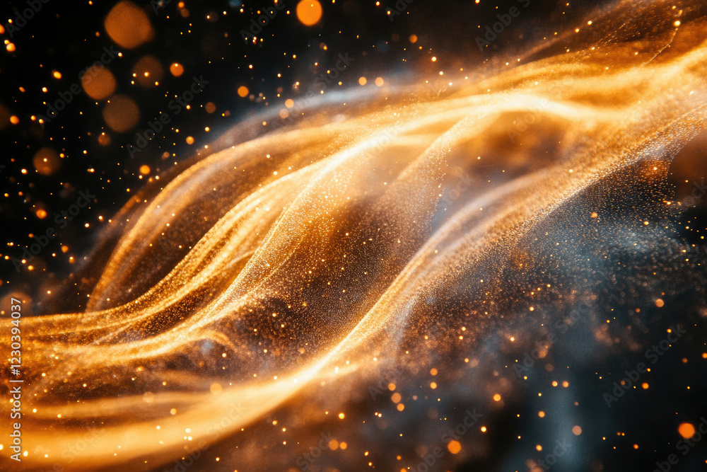 Poster Abstract golden particles flowing, creating dynamic waves and a luxurious, ethereal effect.
