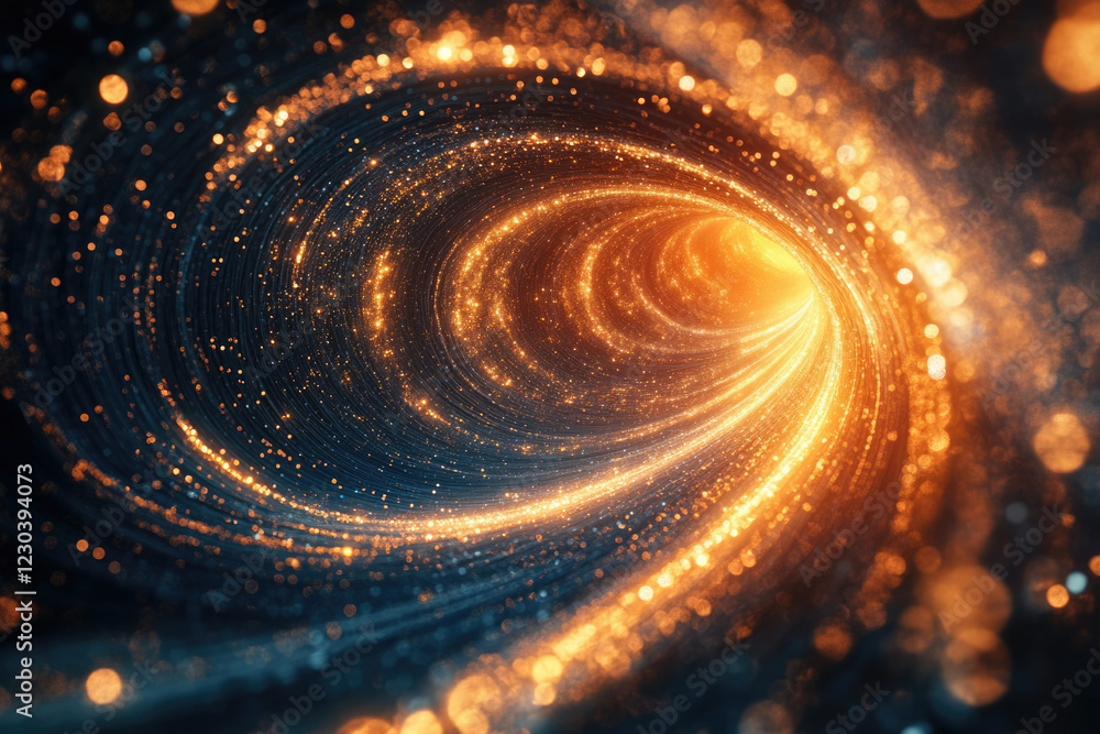 Poster A swirling vortex of golden light and dark matter, creating a mesmerizing tunnel of cosmic energy.