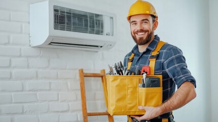 Portrait of professional cheerful smiling electrician man or technician standing on ladder holding toolbox maintaining, cleaning, repairing or installing modern air conditioner on new white apartment