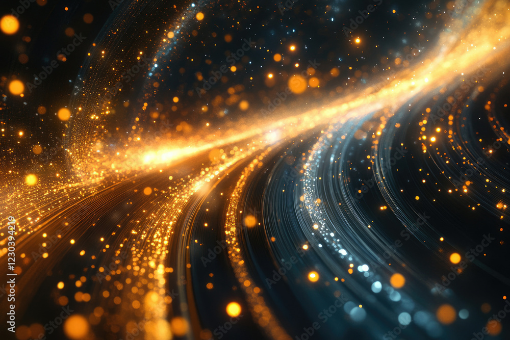 Poster abstract cosmic background with glowing particles and swirling light trails, creating a vibrant and 