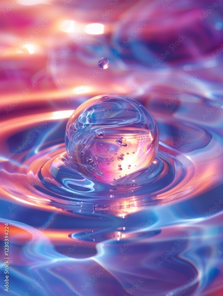 Poster a glass sphere drops into colorful liquid, creating mesmerizing splashes and reflections in soft lig
