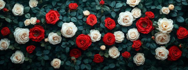 Elegant Floral Backdrop of White and Red Roses with Dark Green Leaves, Featuring Fine Textured Petals Creating a Beautiful Pattern. Generative AI