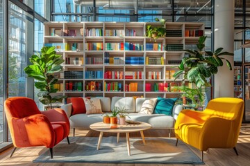 Fototapeta premium Cozy Scandinavian co-working lounge with modular seating, round tables, and a colorful bookshelf in soft light
