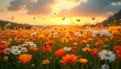 Fields of flowers: “Wide fields strewn with flowers of various colors, with bees and butterflies flying among them, against the background of a picturesque sunset.”