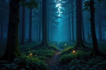 Fototapeta premium Luminescent forest floor amidst towering trees glowing softly in darkness, woods, eerie, forest