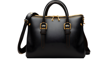 black leather bag, a leather handbag with gold accents on a transparent background 