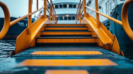 Yellow gangway steps to ship, harbor, blurred background, travel