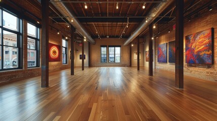 A spacious loft gallery displays vibrant abstract art on warm brick walls, lit by spotlights