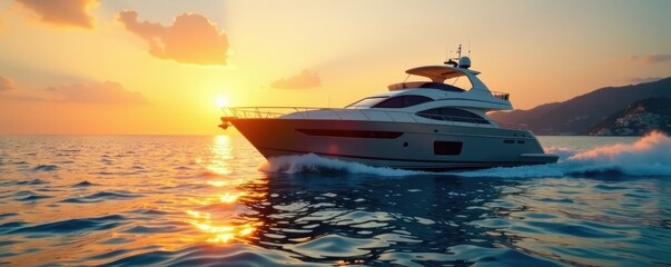 Naklejka premium Luxury yacht glides effortlessly through the crystal-clear waters of the sea at sunset, crystal clear water, sailing, luxury yacht