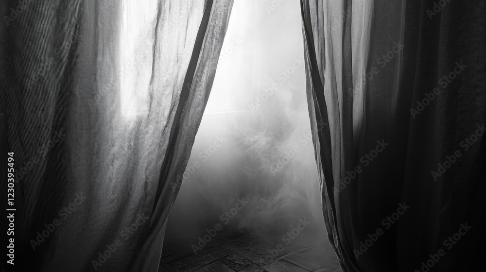 Poster black and white image of light filtering through fog behind dark curtains, creating a mysterious and