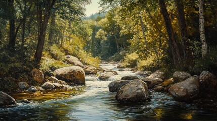 Serene forest stream flows through rocks, sunlight dappling leaves; nature background