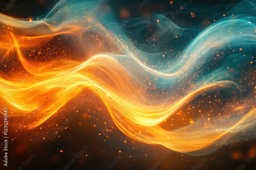 Aufkleber Abstract wave background with orange and teal glowing particles, creating a dynamic and energetic visual.