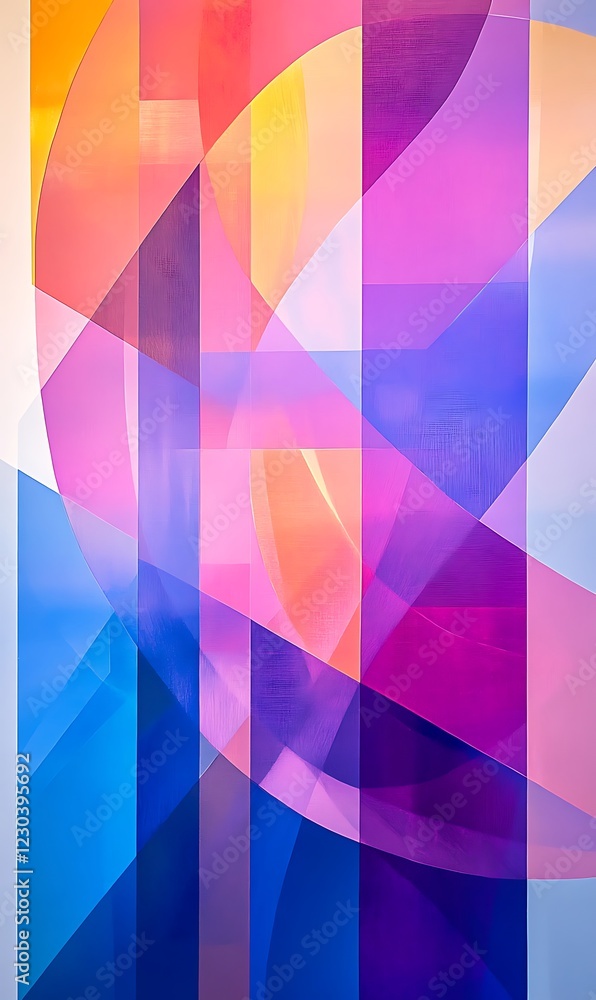 Poster abstract backdrop with intersecting diagonal lines in orange, blue, and pink, featuring geometric sh