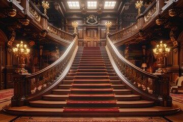 Obraz premium A luxurious grand staircase showcases intricate wood paneling and golden details, illuminated by soft ambient light