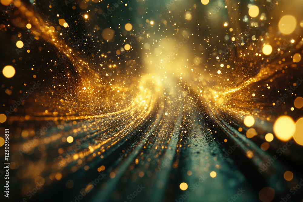 Poster a mesmerizing abstract image of golden glitter streaks converging towards a bright center, creating 