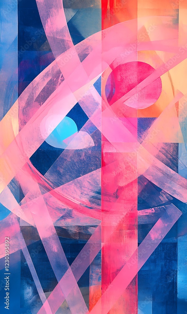 Poster abstract backdrop with intersecting diagonal lines in orange, blue, and pink, featuring geometric sh