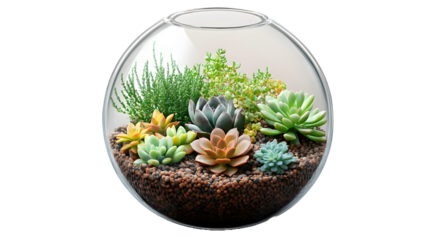 A terrarium filled with small succulents on a transparent background