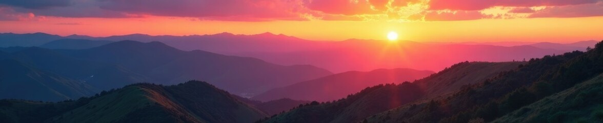 Obraz premium Rolling hills and mountains are painted with warm colors as sunlight fades at sunset, natural wonder, dusk