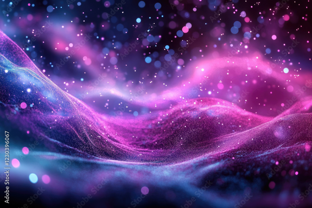 Poster Abstract purple and blue wave background with glowing particles and bokeh effect.