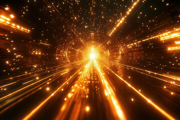 Fototapeta premium A mesmerizing golden tunnel of light, radiating energy and speed, evokes feelings of futuristic travel and cosmic wonder.