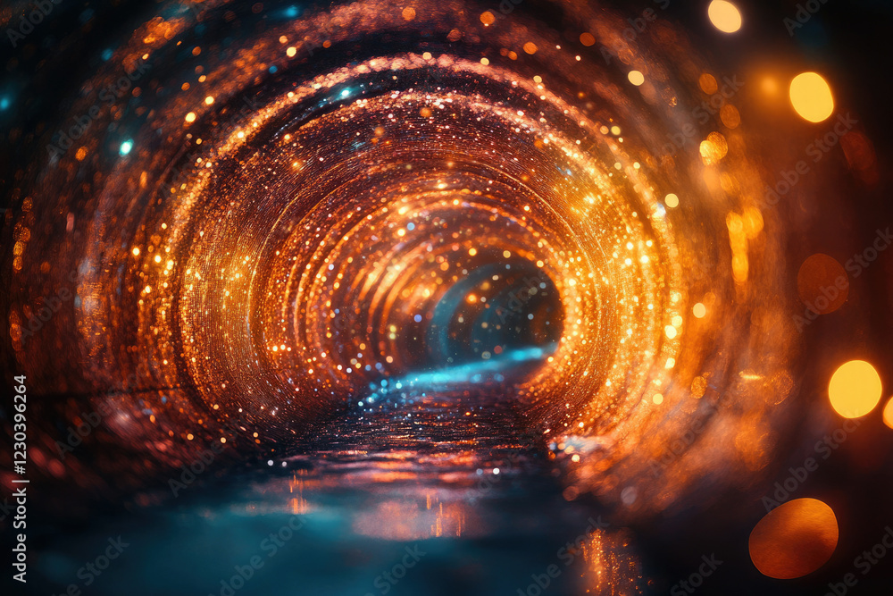 Poster A mesmerizing swirling tunnel of golden and teal sparkles, creating a magical and ethereal atmosphere.