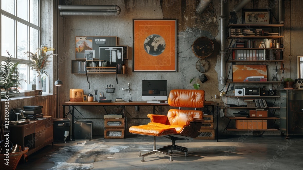 Poster a functional workspace features exposed pipes and colorful art, creating an inviting atmosphere for 