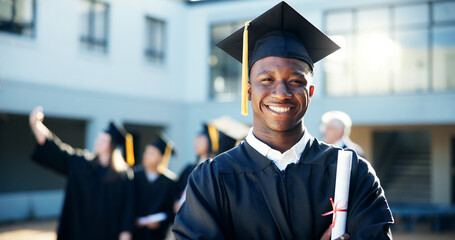 Graduation, portrait and success for man, celebration and achievement for person with scholarship or happy. Outdoor, excited or group of students with knowledge, education or completion of university