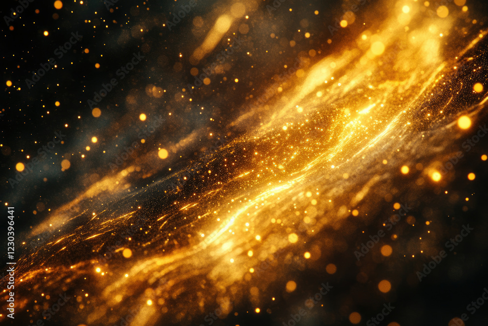 Poster golden cosmic dust swirls in a dark background, creating a luxurious and magical effect.