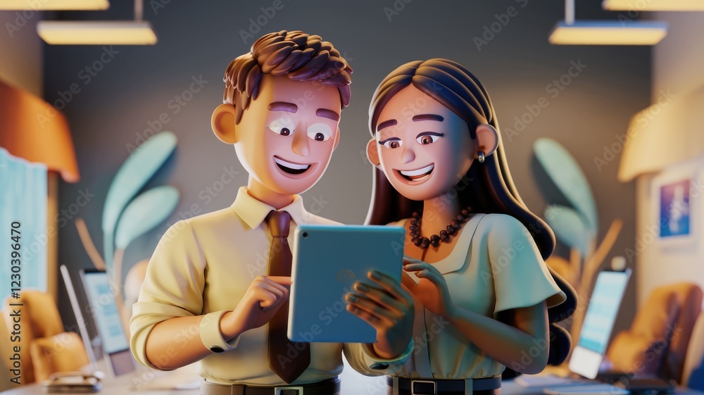 Aufkleber two 3d animated colleagues collaborate on a tablet, showcasing teamwork and modern technology in a c