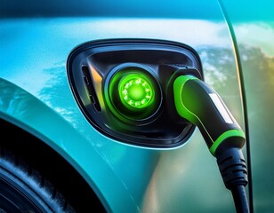 close up of an electric vehicle charging plug with a green glowing indicator