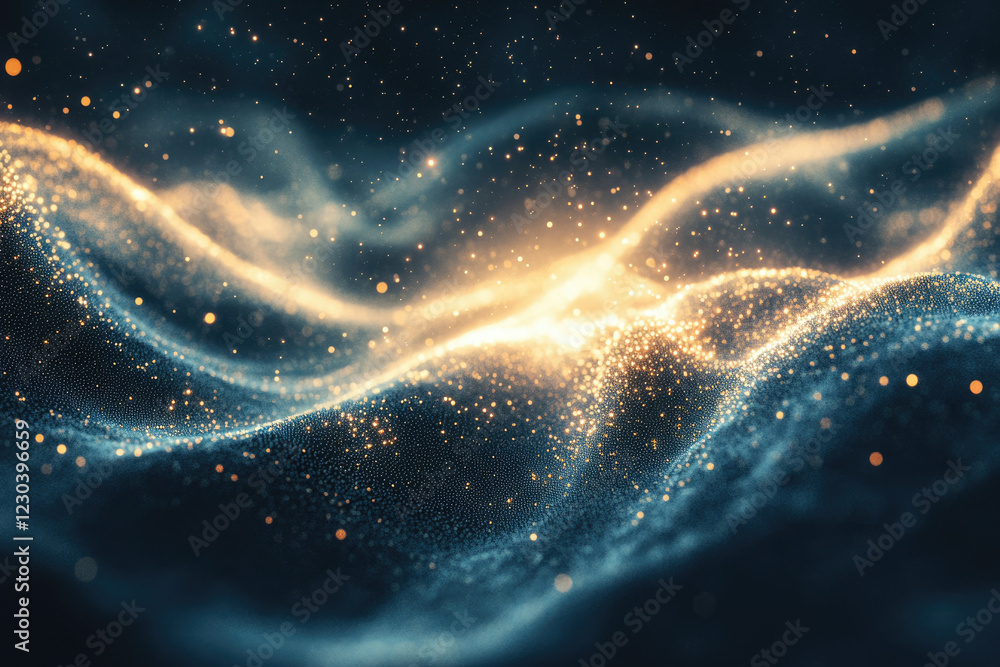 Poster abstract cosmic landscape with glowing particles and a wave-like formation, creating a mesmerizing v