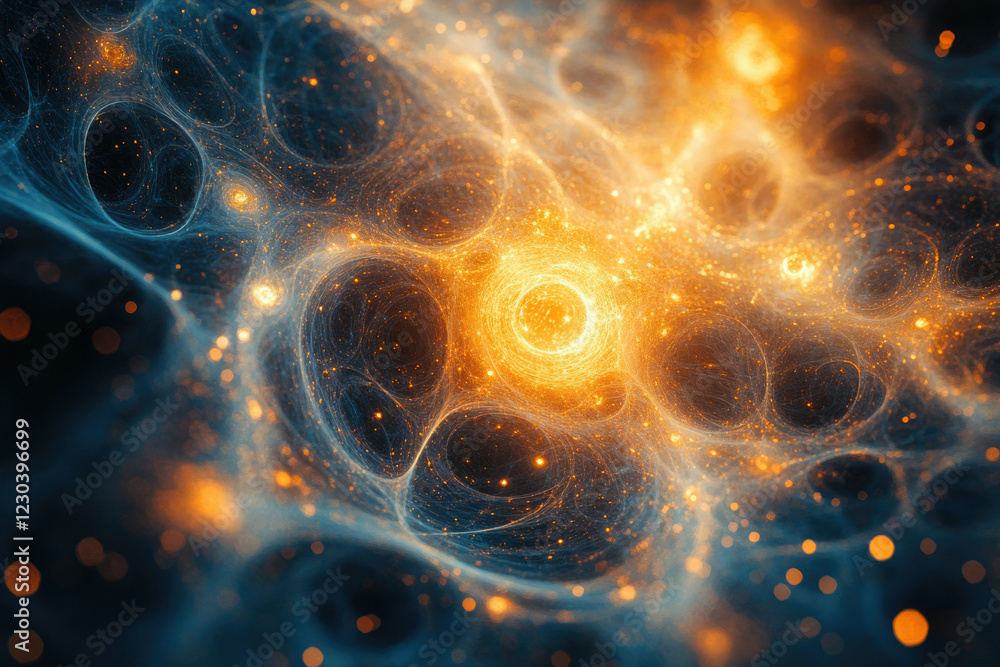 Poster abstract cosmic nebula with swirling vibrant colors and glowing particles, resembling a celestial en