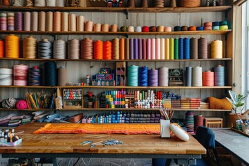 Craft station features vibrant threads, beads, and art supplies bathed in natural light, creating an inviting feel