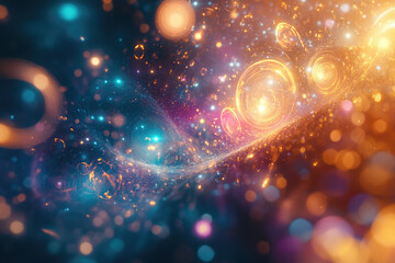 Abstract cosmic artwork featuring swirling nebulae, glowing orbs, and sparkling dust particles in vibrant teal and orange hues.