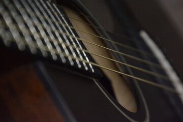 Black guitar zoom in with strings