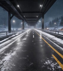 Roadway overpass with snowflakes falling onto the ground below, snowflakes, frozen foliage, natural beauty
