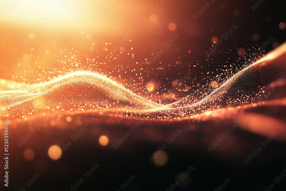 Aufkleber Abstract golden wave of glowing particles, illuminated by warm light, creating a luxurious and dynamic digital art.