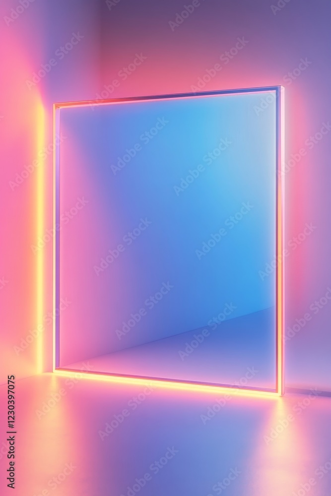 Poster a captivating abstract scene featuring neon light reflections in a minimalist space. the vibrant col