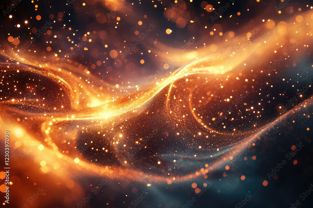 Poster abstract swirling cosmic dust with golden glittering particles and bokeh effect.